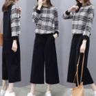 Set: Plaid Knitted Pullover + Cropped Wide-leg Pants