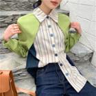 Mock Two-piece Striped Panel Color Block Shirt
