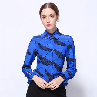 Long-sleeve Printed Silk Blouse