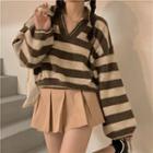 Oversized V-neck Striped Long-sleeve Knit Top