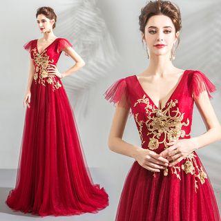 Deep V-neck Crochet Evening Gown