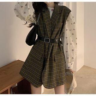 Long-sleeve Floral Blouse / Plaid Vest With Belt