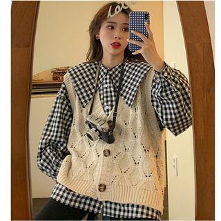 Plaid Lantern-sleeve Blouse / Pointelle Knit Vest