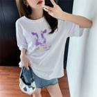 Elbow-sleeve Milk Cow Print T-shirt White - One Size