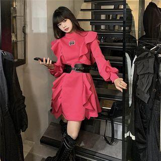 Lantern-sleeve Applique Ruffle Trim Asymmetrical Mini A-line Dress With Belt
