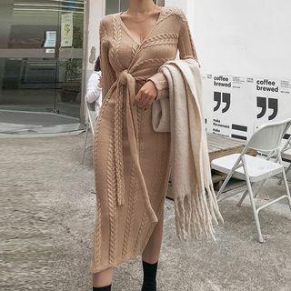 Wrap Cable-knit Midi Sweater Dress Light Brown - One Size