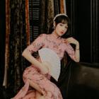 Set: Elbow-sleeve Floral Qipao + Open Front Cardigan