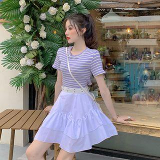 Striped Short-sleeve T-shirt / Plain Skirt