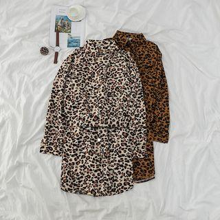 Long-sleeve Leopard Shirtdress With Belt