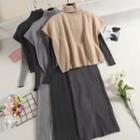 Set: Turtleneck Knit Vest + Long-sleeve Rib Knit Midi Dress