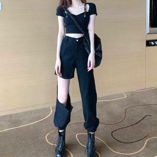 Plain V-neck Short-sleeve Slim-fit Cropped Top / Distressed Cargo Pants
