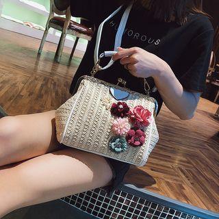 Flower Detail Straw Crossbody Bag