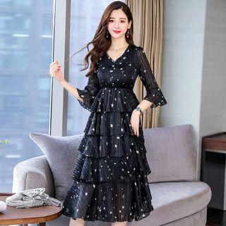 Bell-sleeve Midi Star Print Midi Layered Dress