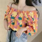 Off-shoulder Lantern-sleeve Flower Print Cropped Top
