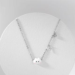 Cat Rhinestone Necklace White & Silver - One Size