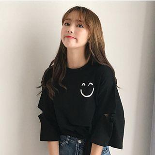 Smiley Print Cut Out Elbow-sleeve T-shirt