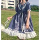 Puff-sleeve Sailor Collar Lace Trim A-line Dress