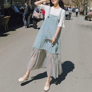 Set: Short-sleeve T-shirt + Denim Midi Jumper Dress