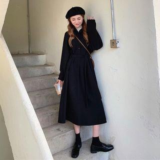 V-neck Long-sleeve Midi A-line Shirtdress Black - One Size