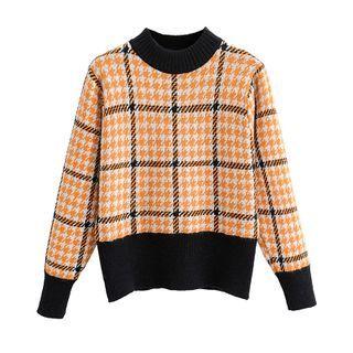 Mock-neck Houndstooth Sweater Tangerine & Black - One Size