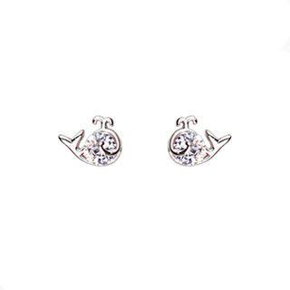 925 Sterling Silver Rhinestone Whale Stud Earring 1 Pair - Silver - One Size