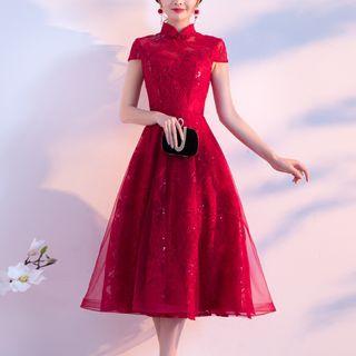 Cap-sleeve Mandarin Collar A-line Cocktail Dress