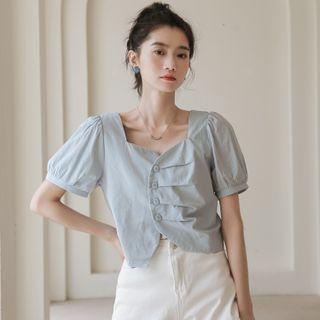 Puff-sleeve Button-up Asymmetrical Blouse