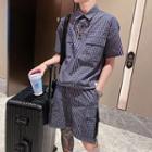 Set: Short-sleeve Letter Print Gingham Cargo Shirt + Shorts