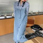 Long-sleeve Striped Panel Denim Jumpsuit