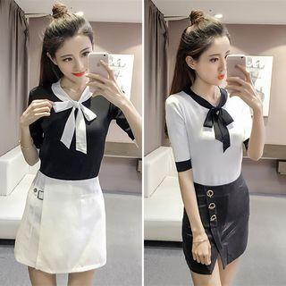 Bow Accent Elbow Sleeve Knit Top