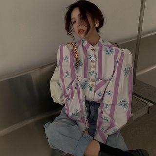 Stand-collar Puff-sleeve Printed Shirt Purple - One Size