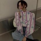 Stand-collar Puff-sleeve Printed Shirt Purple - One Size