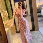 Puff-sleeve V-neck Flower Print Slit Dress