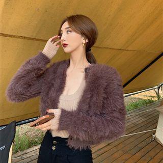 Fluffy Cropped Cardigan / Plain Knit Top