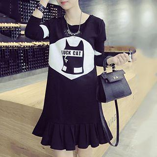 Long-sleeve Print Frilled Dress