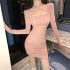 Halter-neck Shirred Mini Bodycon Dress Pink - One Size