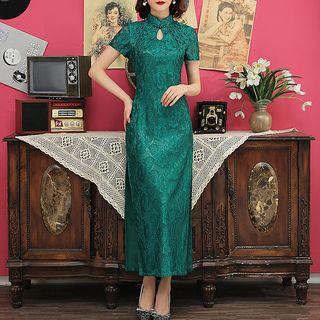 Beaded Short-sleeve Maxi Lace Qipao