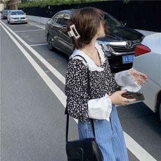 Contrast Panel Ruffle Trim Floral Blouse