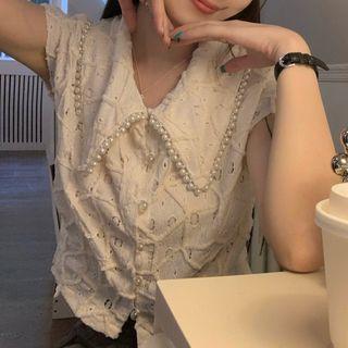 Short-sleeve Collar Faux Pearl Blouse