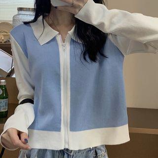 Long-sleeve Two Tone Zipped Knit Top