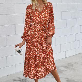 V-neck Long Sleeve Front-tie Dress