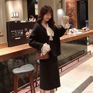 Tie-neck Chiffon Blouse / Oversize V-neck Long-sleeve T-shirt / Midi Straight-fit Skirt