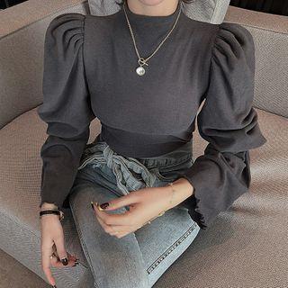 Puff-sleeve Mock Neck Plain Top