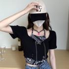 Mock Two-piece Short-sleeve Cutout Patterned Cropped T-shirt