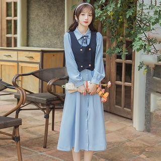 Set: Long-sleeve Midi Shirtdress + Double-breasted Vest