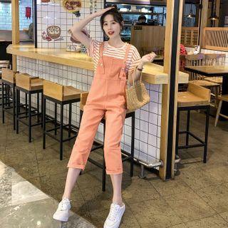 Striped Short-sleeve T-shirt / Crop Jumper Pants / Set