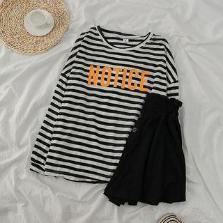 Set: Striped Loose-fit T-shirt + Button-front Skort