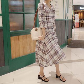 3/4-sleeve Plaid Long Surplice-wrap Dress