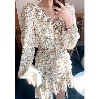 Drawstring Shirred Floral Mermaid Dress