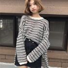 Striped Long-sleeve Loose-fit Knit Top As Figure - One Size